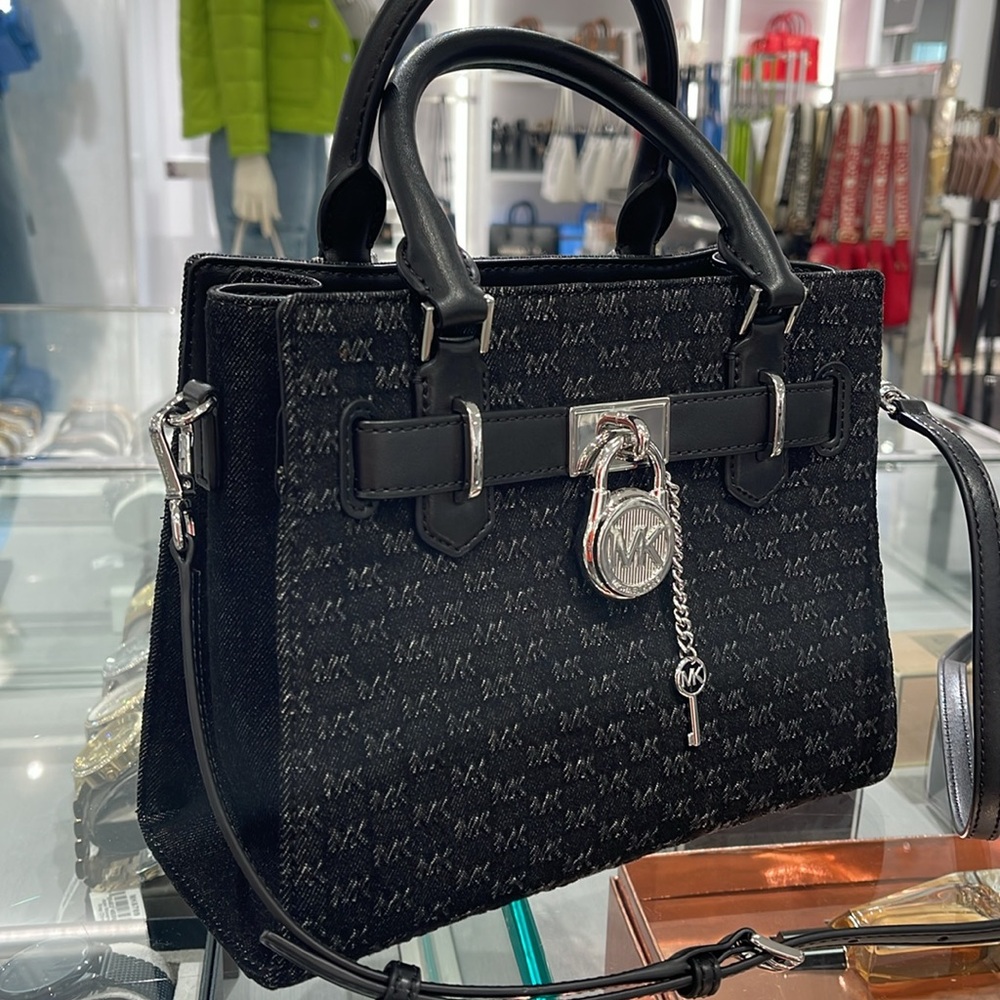 Michael Kors Hamilton Sm Logo Embossed Washed Denim Satchel Crossbody 
Black
NWT